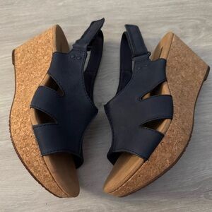 NEW! Clark’s Annabel Bari Wedge Navy Blue Nubuck Leather Sandals Corked - 6